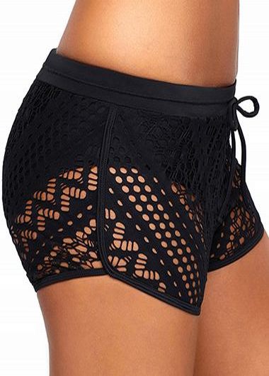 Black swimwear,Plain Color swimwear,Lace Panel High Waist Black Swimwear Shorts  
