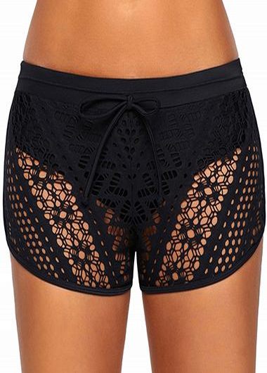 Black swimwear,Plain Color swimwear,Lace Panel High Waist Black Swimwear Shorts  