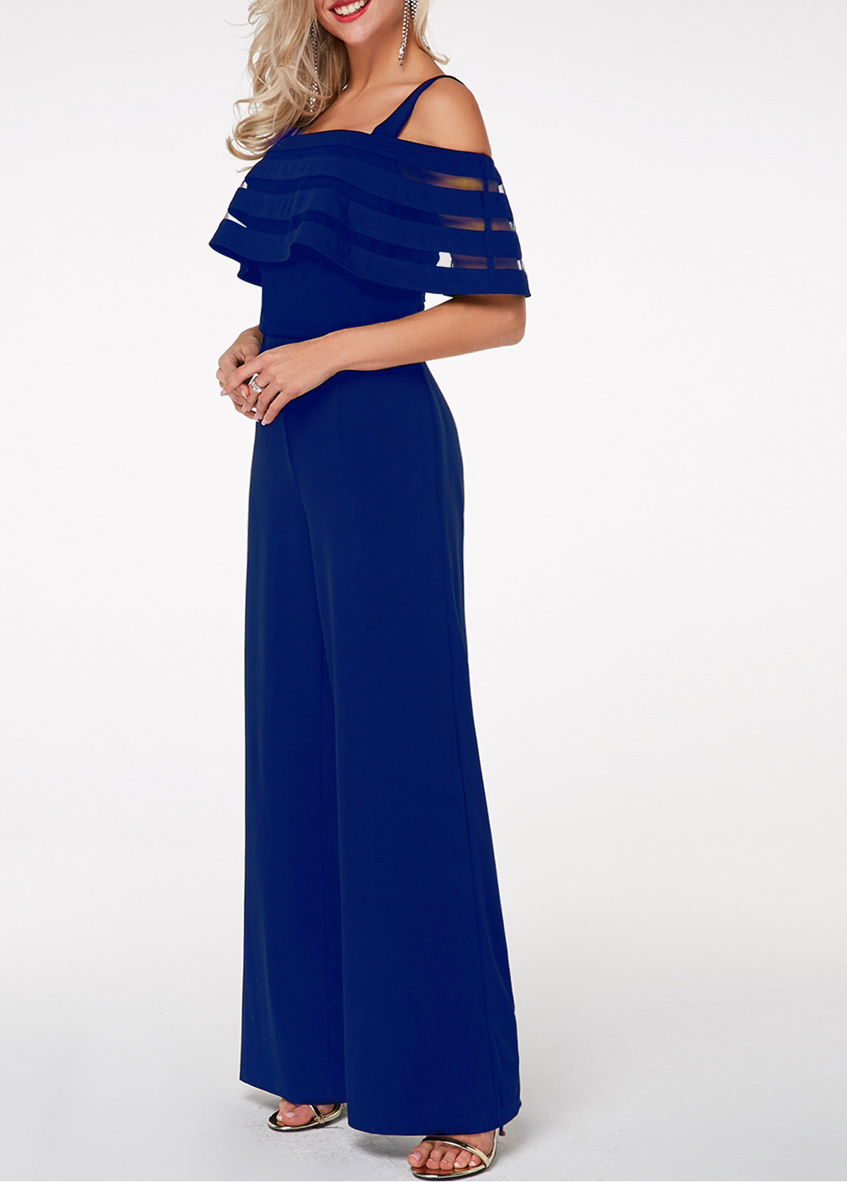 patterned lace panel chiffon overlay royal blue dress