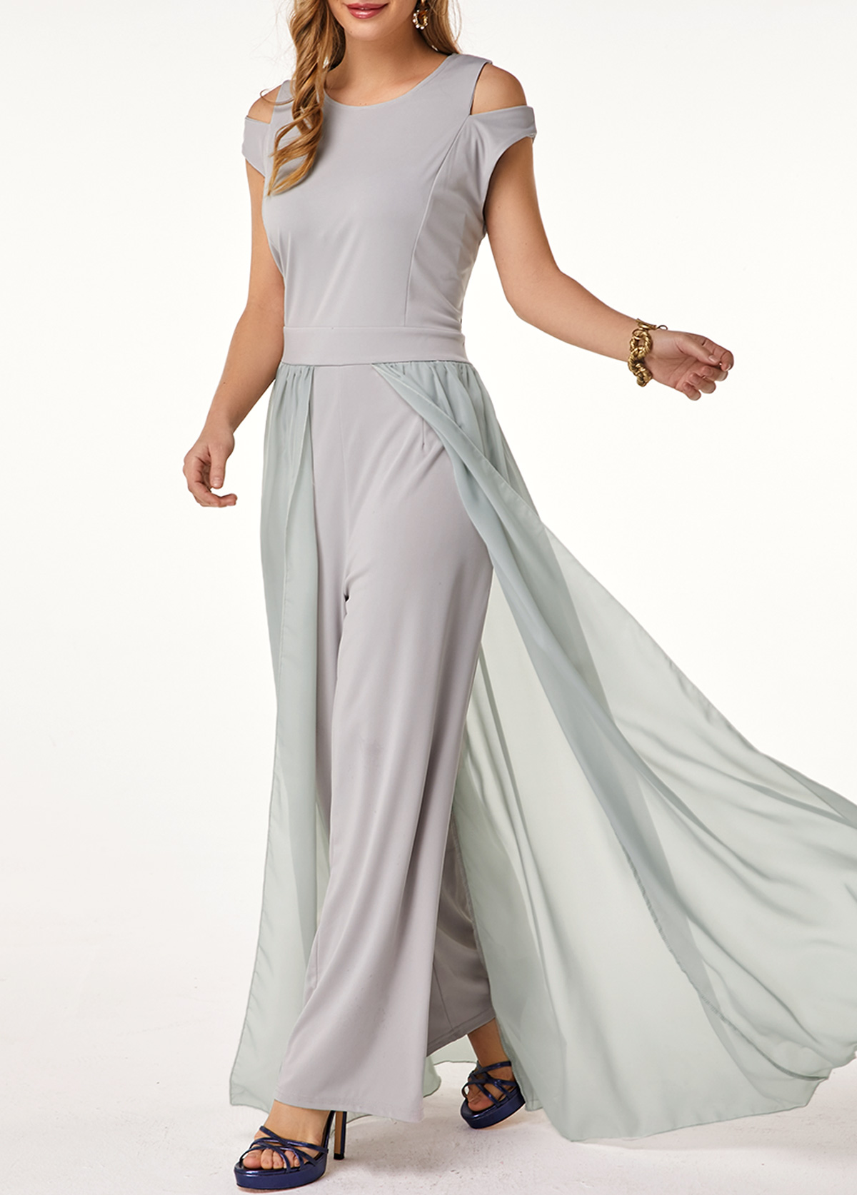 black round neck high waist chiffon overlay jumpsuit