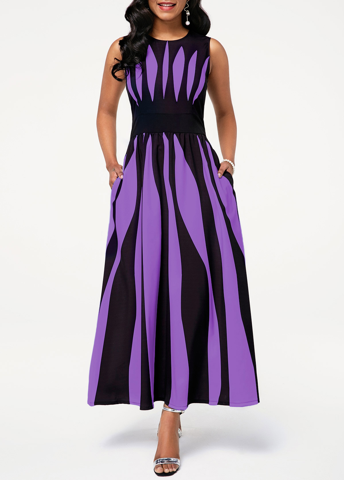 ROTITA High Waist Round Neck Stripe Print Pocket Dress