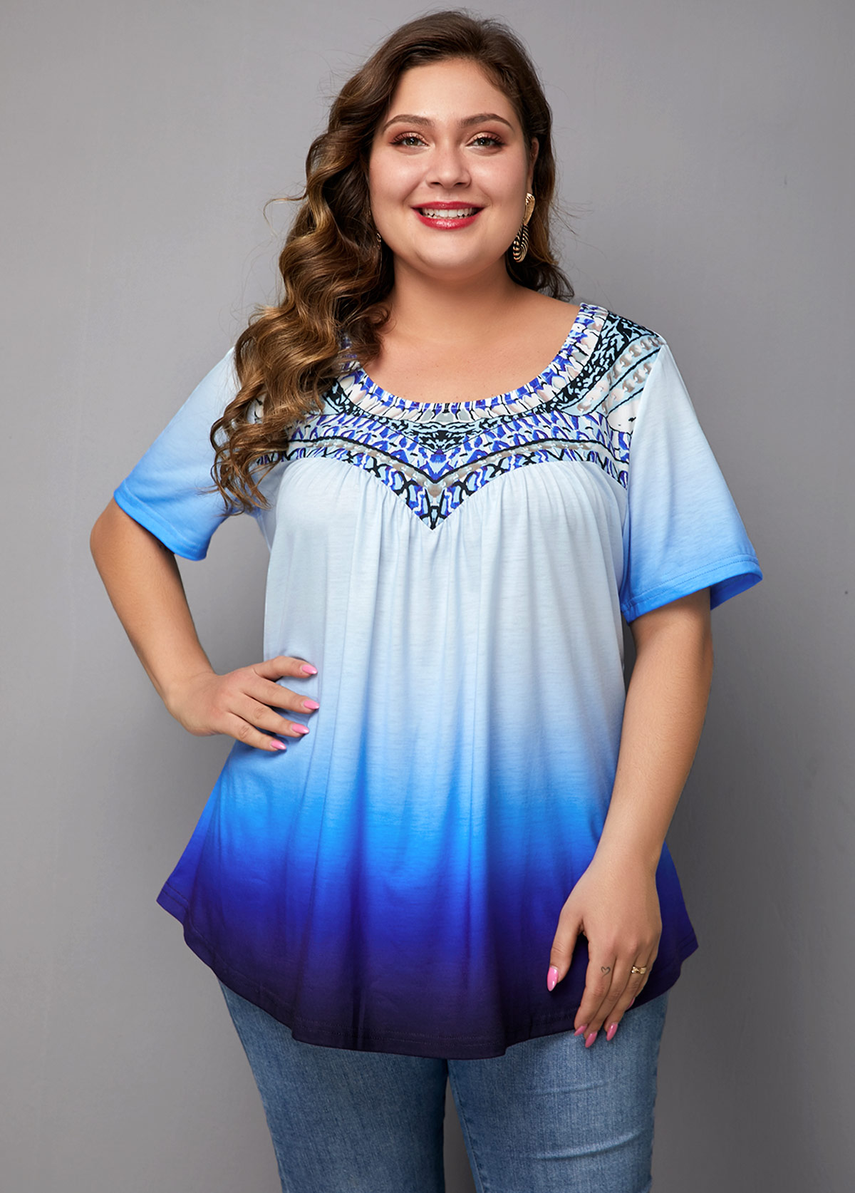 ROTITA Plus Size Patchwork Blue Round Neck T Shirt