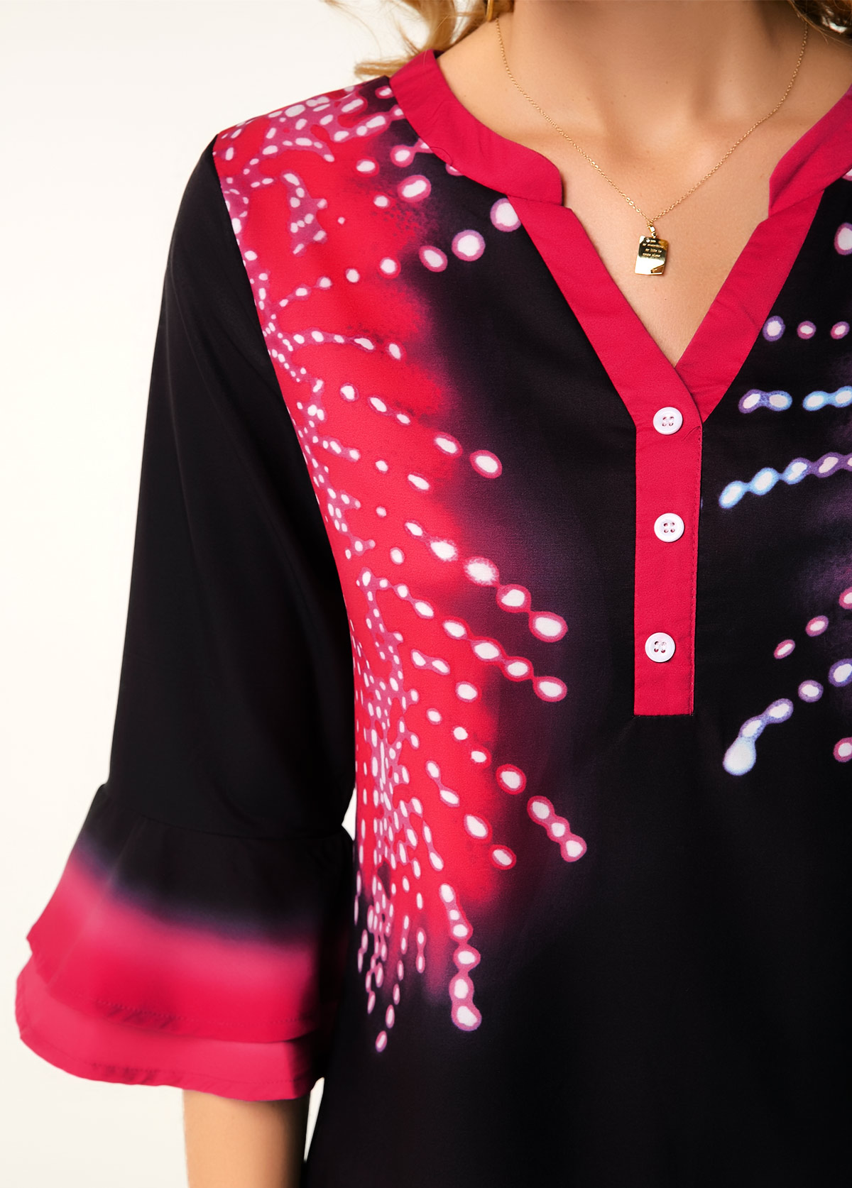 Floral tops,ROTITA Split Neck Flare Cuff Button Detail Printed Blouse