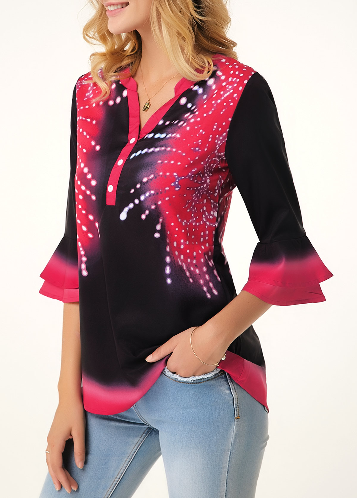 Floral tops,ROTITA Split Neck Flare Cuff Button Detail Printed Blouse