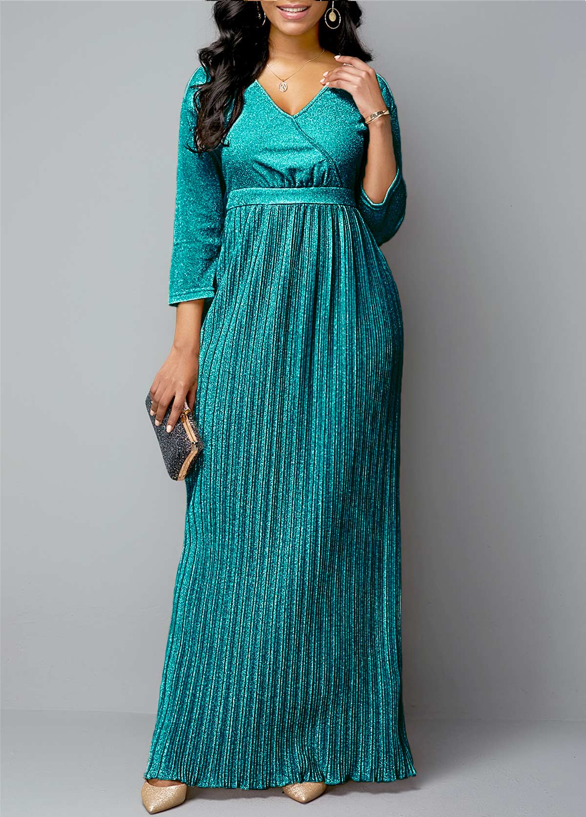 plunging neckline maxi dress with sleeves