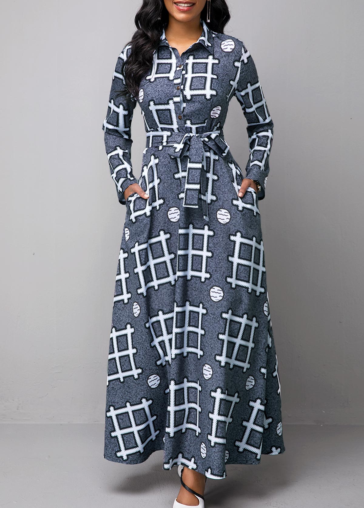 ROTITA Long Sleeve Geometric Print Turndown Collar Dress 