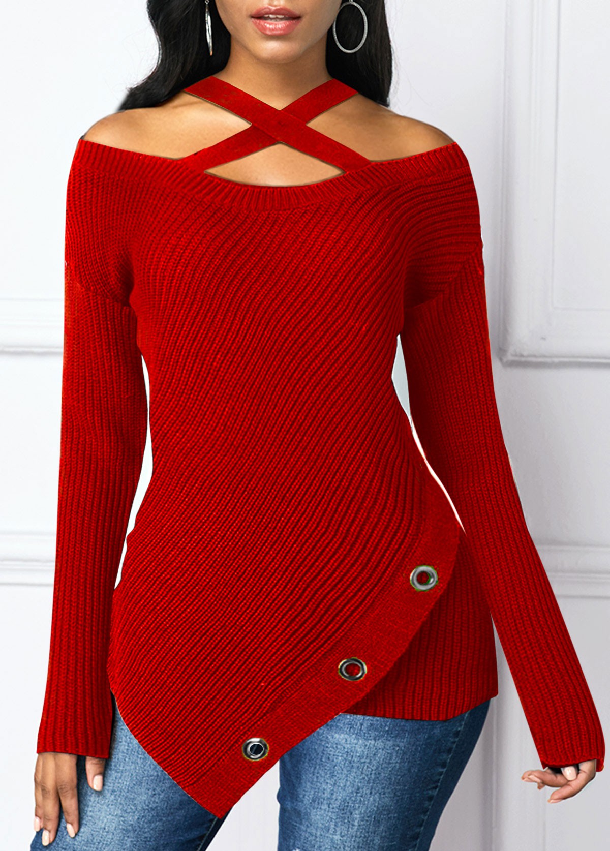 Red tops,Plain Color tops,ROTITA Asymmetric Hem Cold Shoulder Cross Strap Sweater