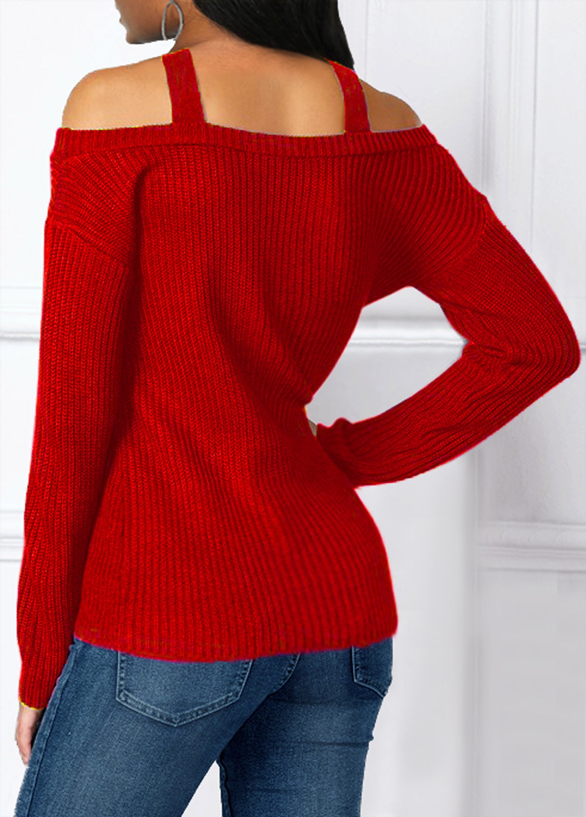 Red tops,Plain Color tops,ROTITA Asymmetric Hem Cold Shoulder Cross Strap Sweater