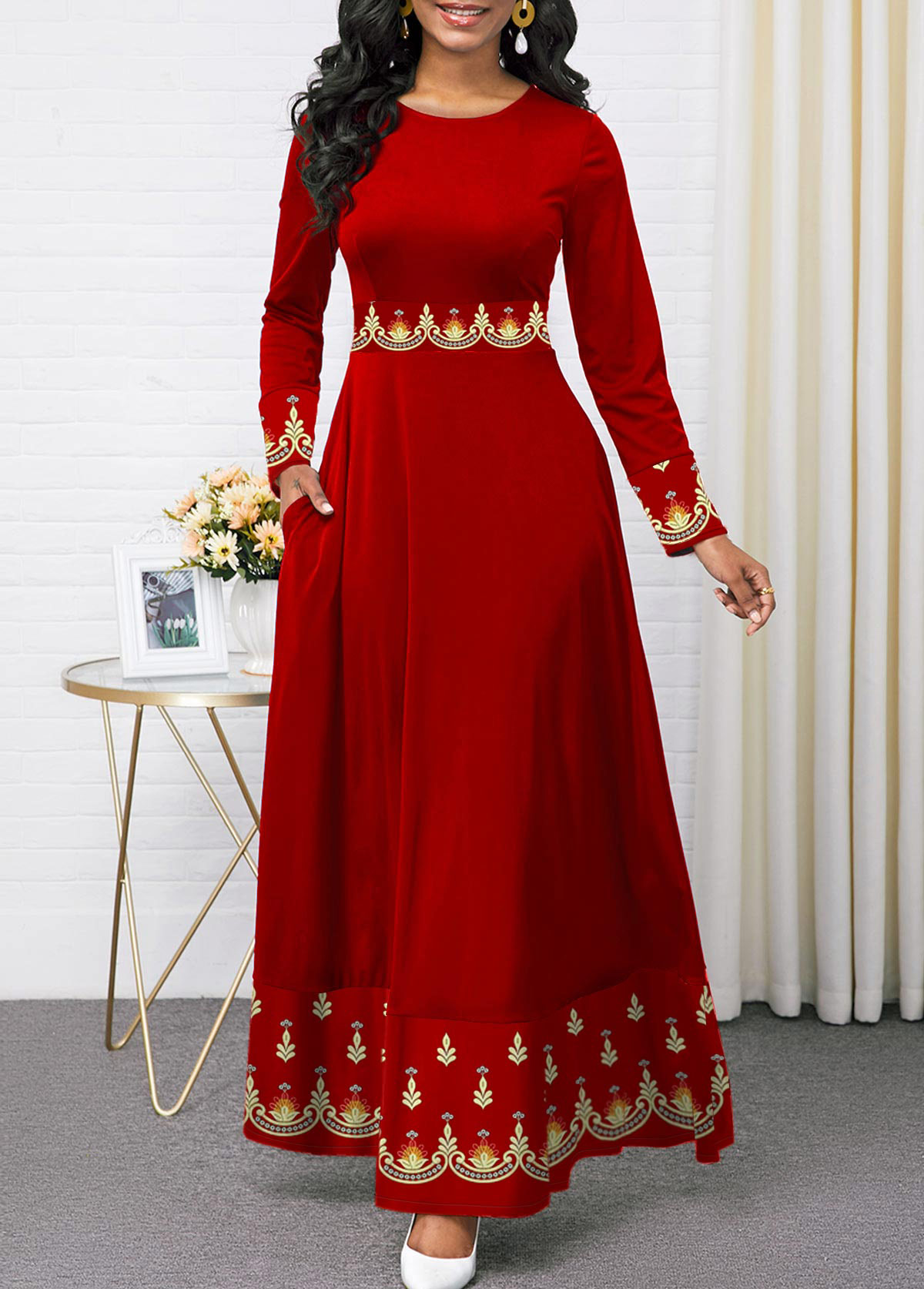 red maxi dress long sleeve