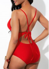 Red swimwear,Plain Color swimwear,ROTITA Lace Up Front Cross Strap One Piece Swimwear