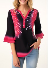 Floral tops,ROTITA Split Neck Flare Cuff Button Detail Printed Blouse