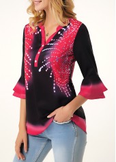 Floral tops,ROTITA Split Neck Flare Cuff Button Detail Printed Blouse