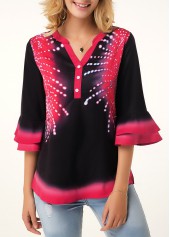 ROTITA Split Neck Flare Cuff Button Detail Printed Blouse