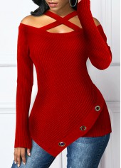 Red tops,Plain Color tops,ROTITA Asymmetric Hem Cold Shoulder Cross Strap Sweater