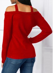 Red tops,Plain Color tops,ROTITA Asymmetric Hem Cold Shoulder Cross Strap Sweater
