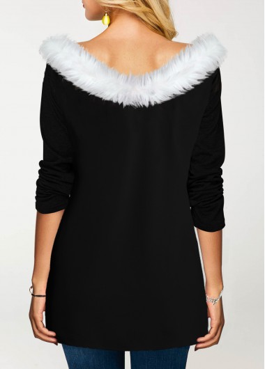 Black tops,Contrast Color tops,ROTITA Fur Collar Tulip Hem Inclined Button T Shirt