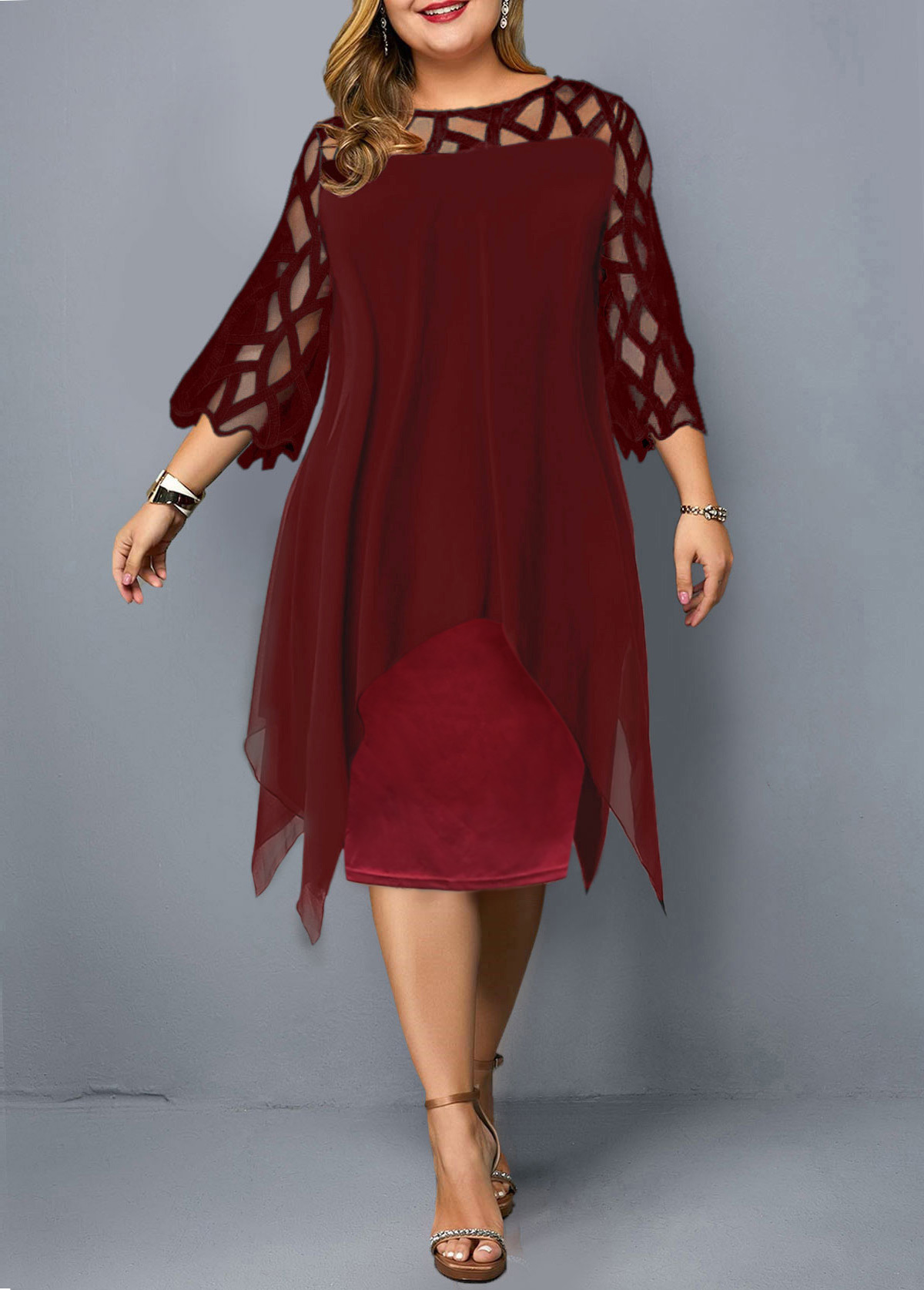 ROTITA Wine Red Plus Size Three Quarter Sleeve Dress | Rotita.com - USD ...