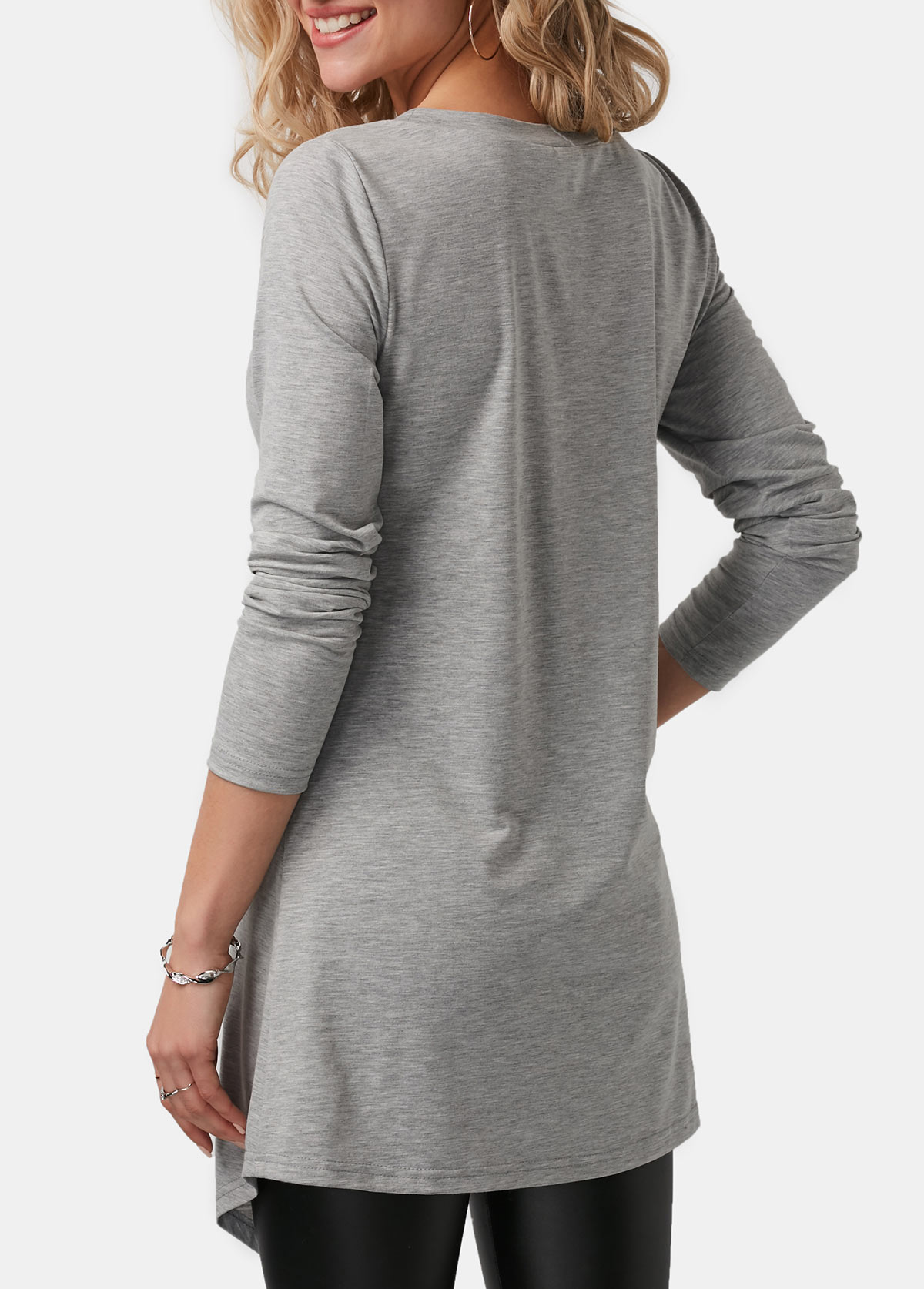 Light Grey tops,Plain Color tops,ROTITA Asymmetric Hem Light Grey Button Detail T Shirt