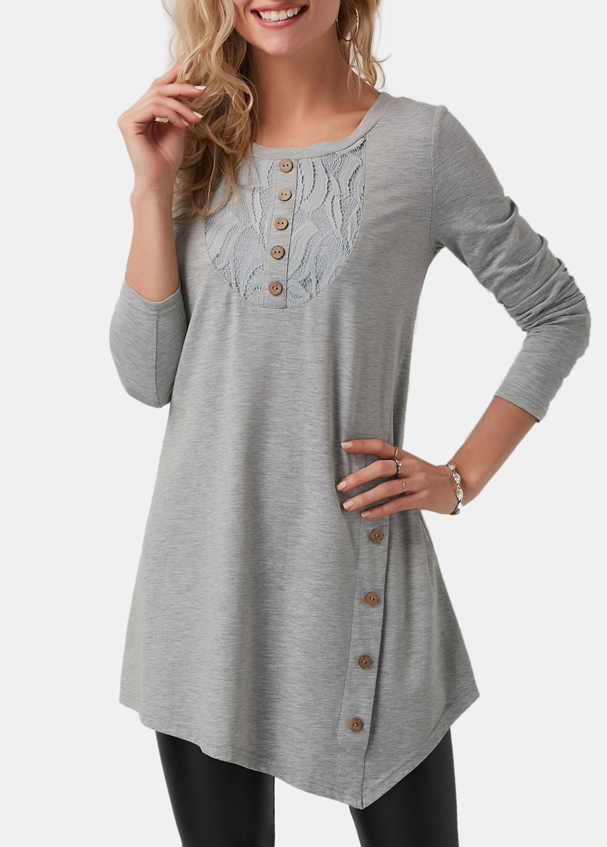 Light Grey tops,Plain Color tops,ROTITA Asymmetric Hem Light Grey Button Detail T Shirt