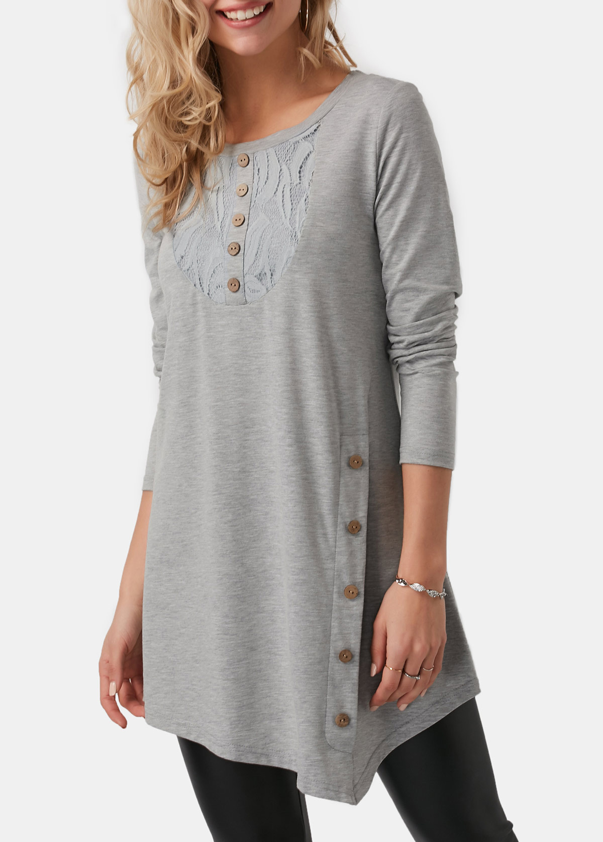 Light Grey tops,Plain Color tops,ROTITA Asymmetric Hem Light Grey Button Detail T Shirt