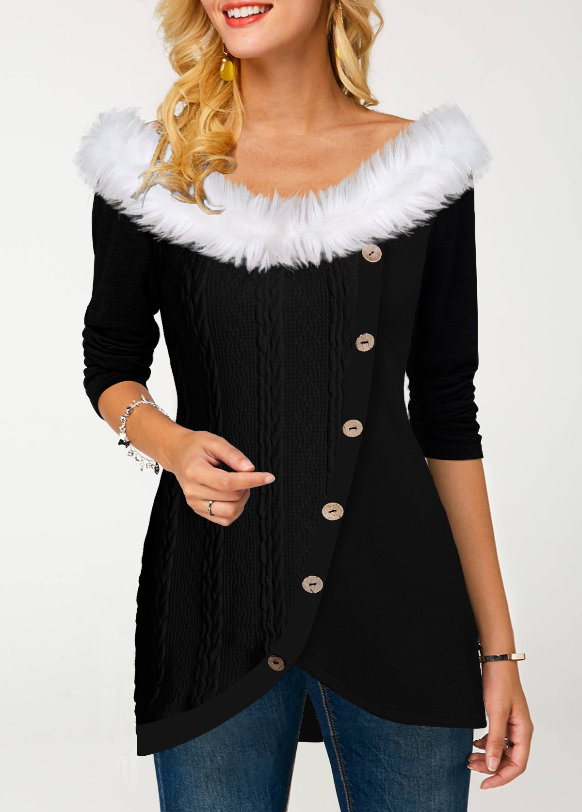 ROTITA Fur Collar Tulip Hem Inclined Button T Shirt