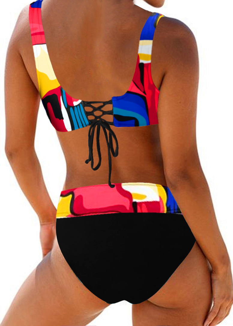 Multi Color swimwear,Floral swimwear,ROTITA Rainbow Color Lace Up Drawstring Waist Bikini Set