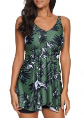 Green swimwear,Plants swimwear,ROTITA Leaf Print Spaghetti Strap Swimdress and Shorts