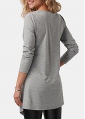 Light Grey tops,Plain Color tops,ROTITA Asymmetric Hem Light Grey Button Detail T Shirt