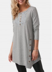 Light Grey tops,Plain Color tops,ROTITA Asymmetric Hem Light Grey Button Detail T Shirt