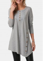 ROTITA Asymmetric Hem Light Grey Button Detail T Shirt