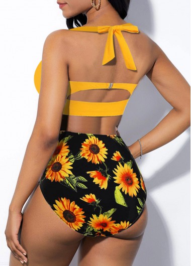 sunflower print lace up back bikini set