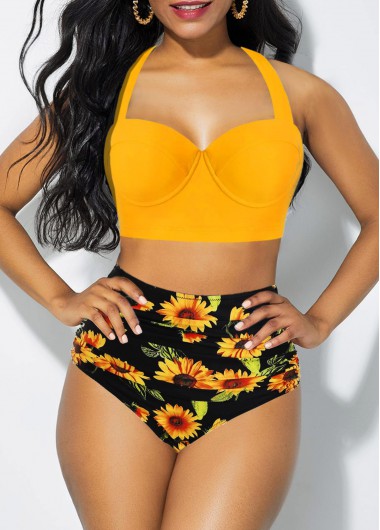 sunflower print lace up back bikini set