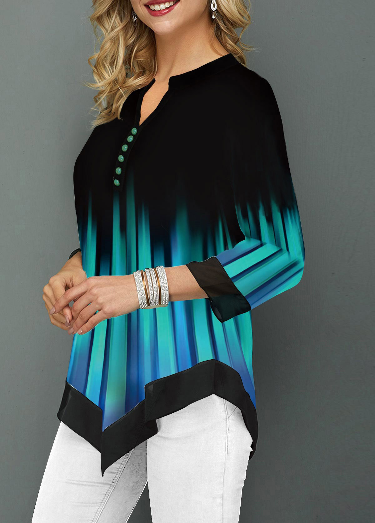 Cyan tops,Floral tops,ROTITA Button Detail Split Neck Asymmetric Hem T Shirt