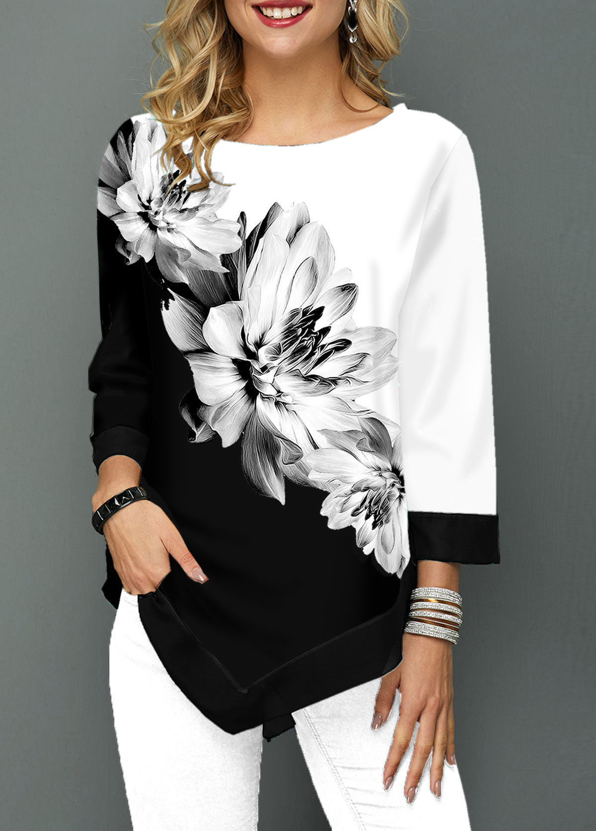 ROTITA Asymmetric Hem Three Quarter Sleeve Flower Print T Shirt ...