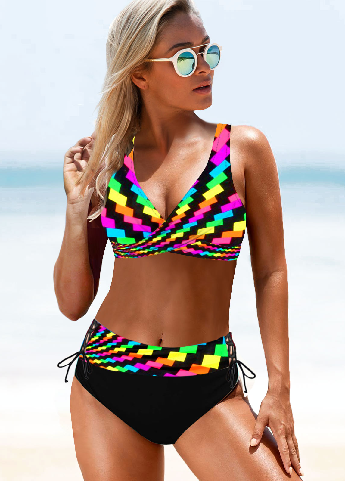 ROTITA Bowknot Detail Rainbow Color Geometric Print Wide Strap Bikini Set