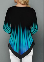 Cyan tops,Ombre tops,ROTITA Patchwork Floral Print Cyan Split Neck 3/4 Sleeve Blouse