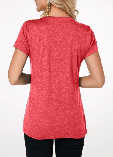 Coral tops,Plain Color tops,ROTITA Crinkle Chest Coral Red Short Sleeve T Shirt