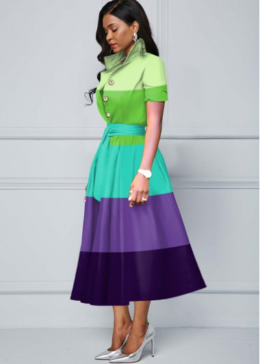 Multi Color dresses,Striped dresses,ROTITA Stripe Print Color Block Button Detail Dress