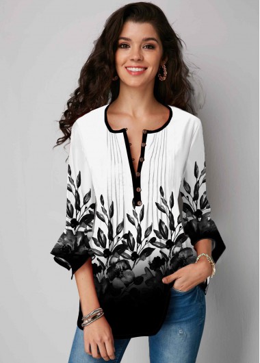 rotita plant print button up gradient blouse