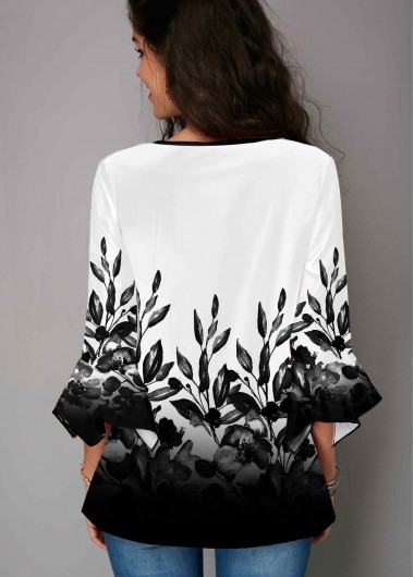 Multi Color tops,Floral tops,ROTITA Plant Print Button Up Gradient Blouse