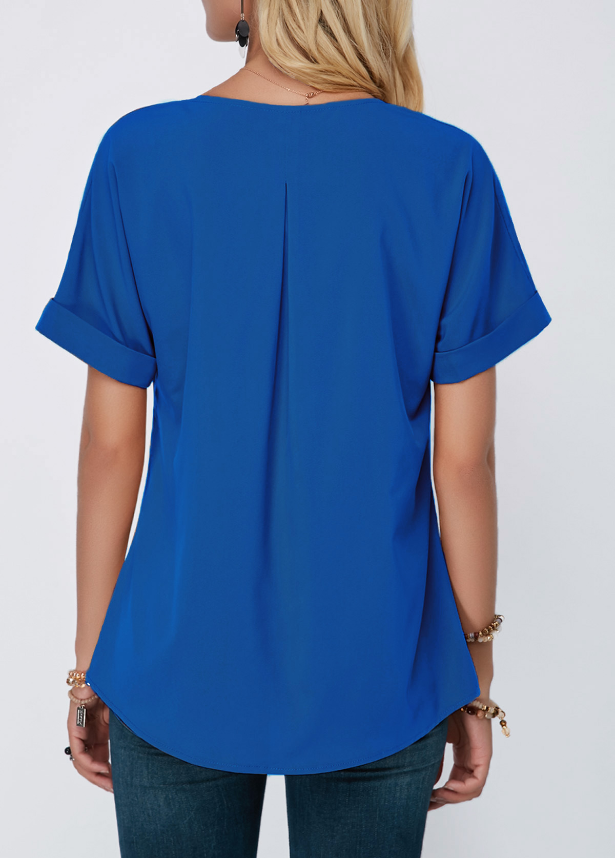 ROTITA Royal Blue Split Neck Short Sleeve Blouse USD 24.99