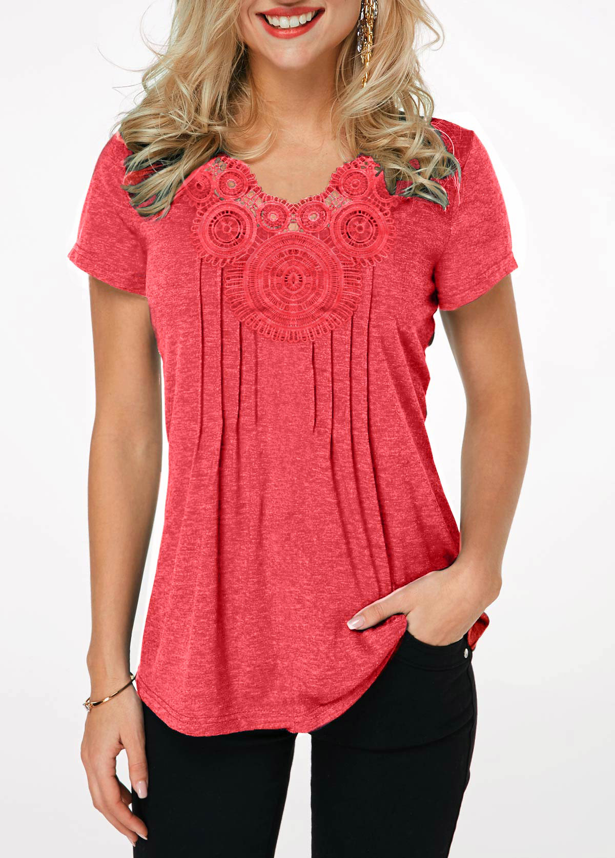 ROTITA T-shirt à manches courtes rouge corail Crinkle Chest