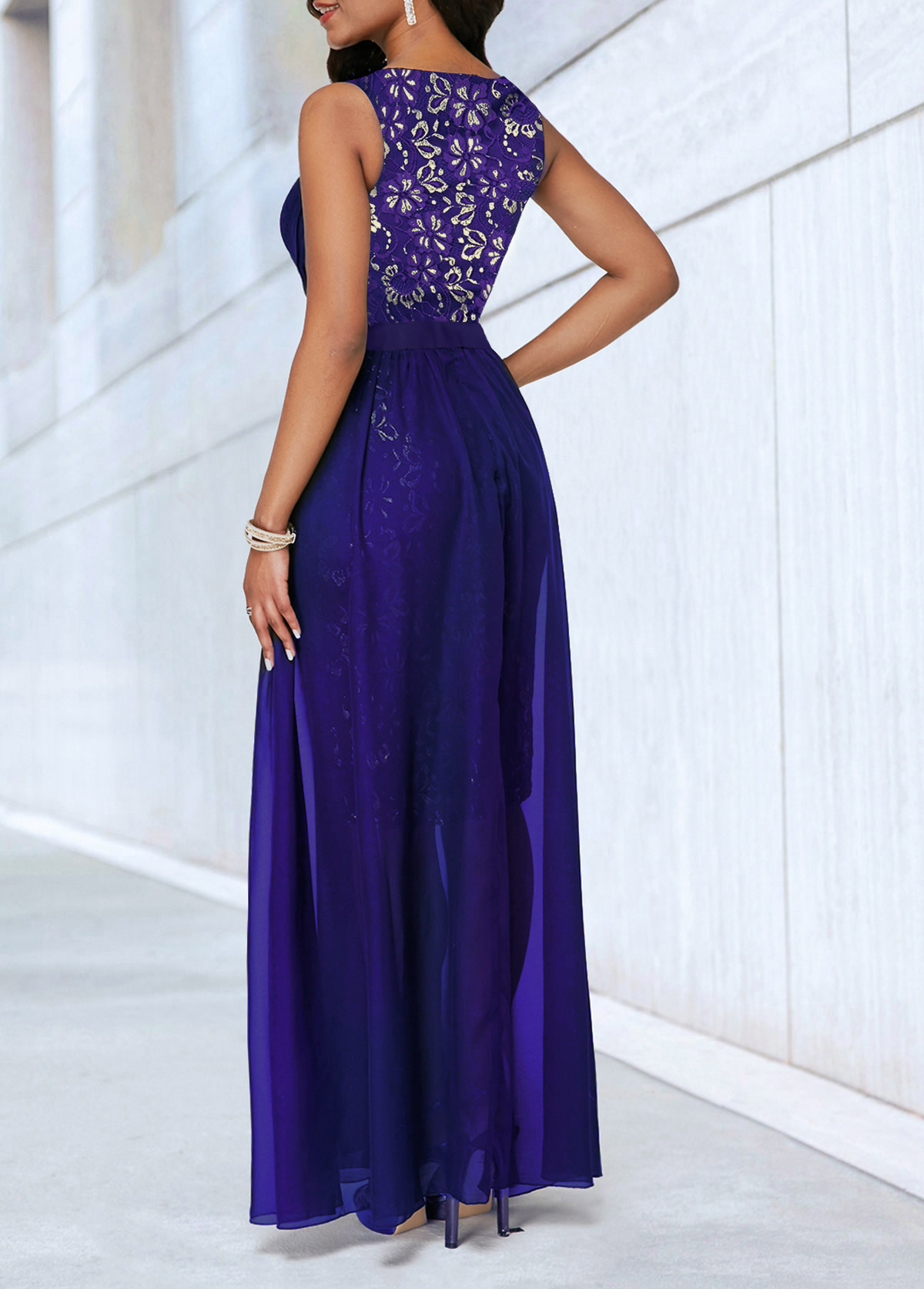 lace panel open back dip hem dress