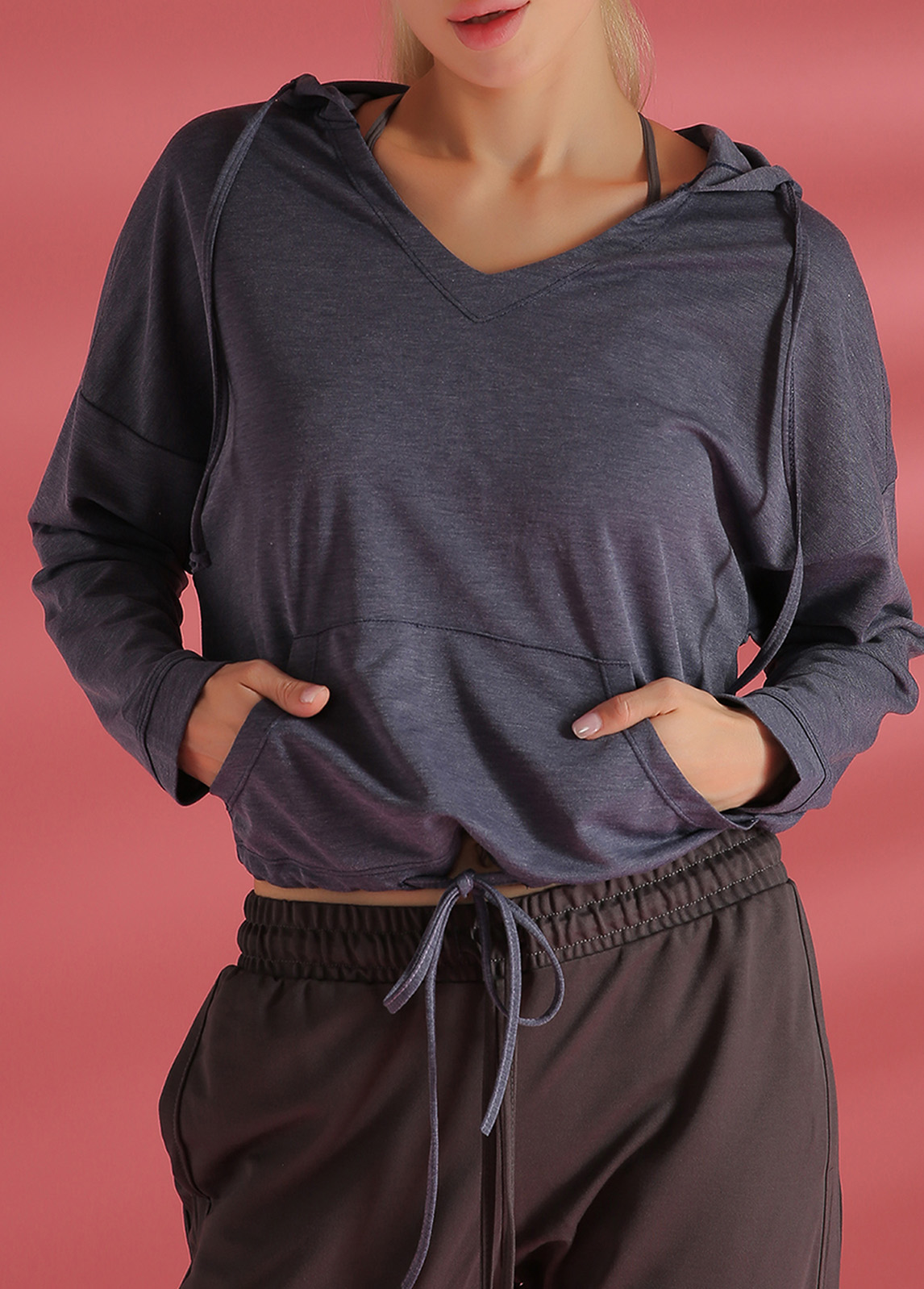 Long Sleeve Drawstring Waist Grey Sports Top