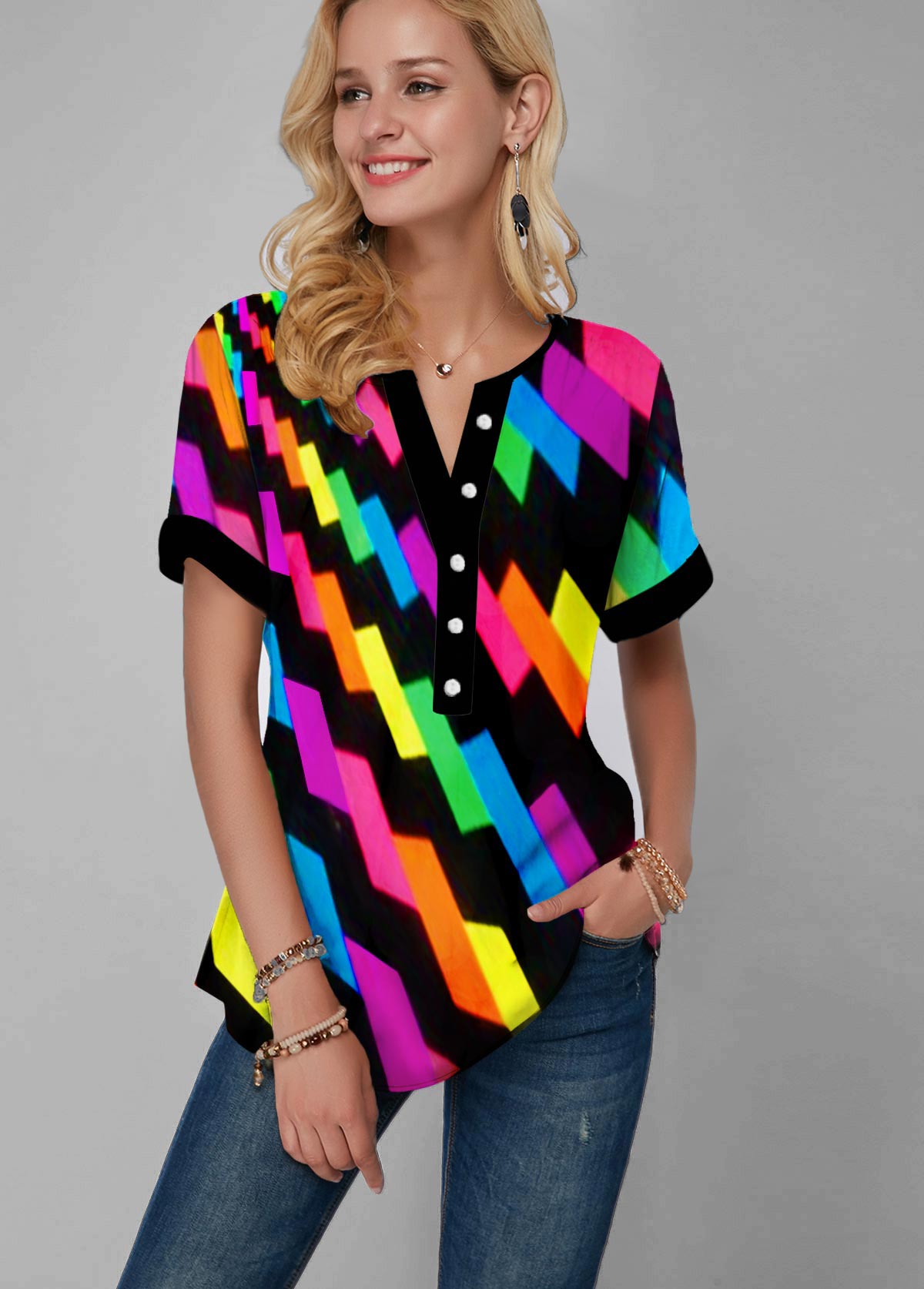Multi Color tops,Geometric tops,ROTITA Rainbow Color Geometric Print Gradient Split Neck Blouse