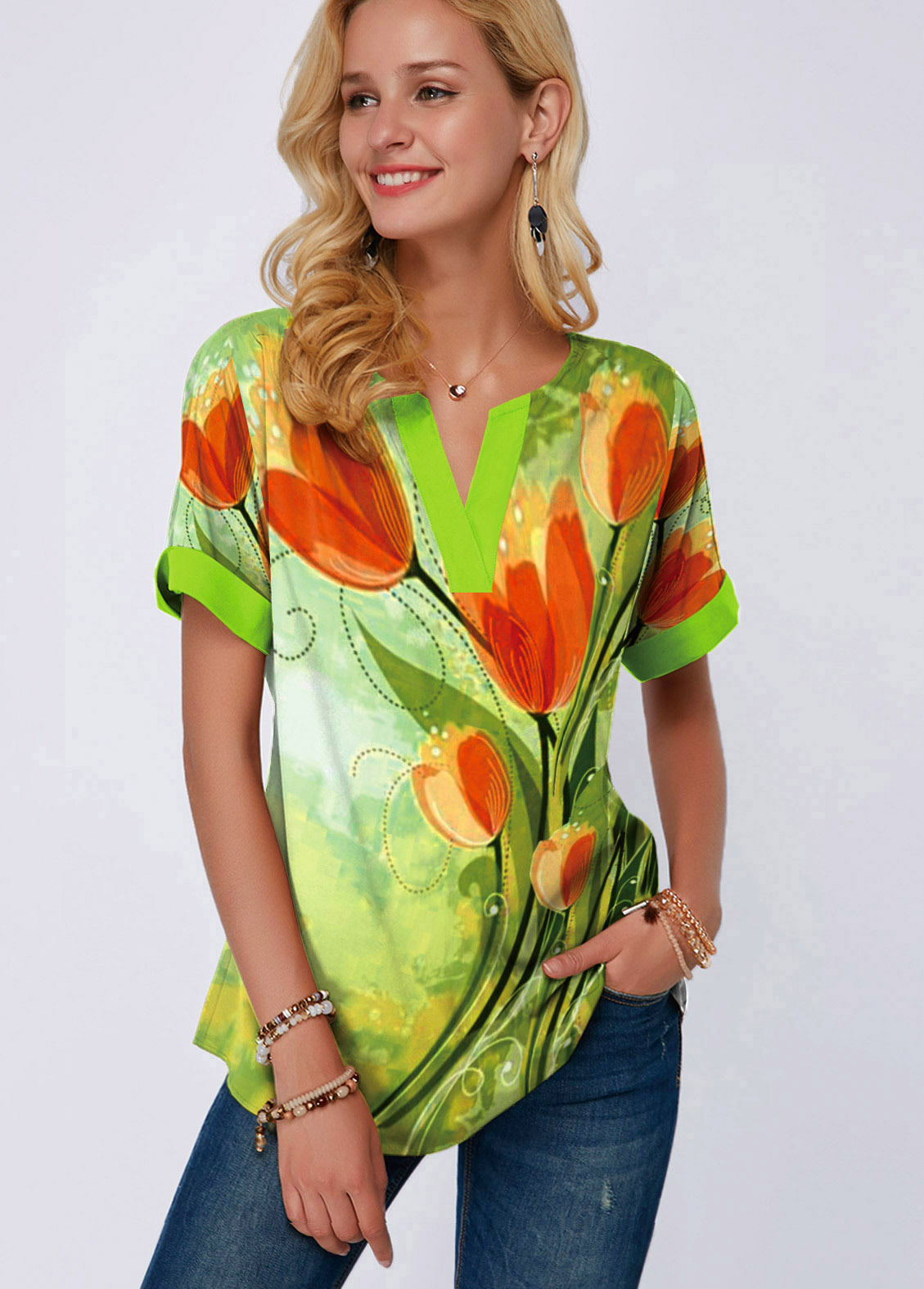 Green tops,Floral tops,ROTITA Short Sleeve Flower Print Split Neck Blouse