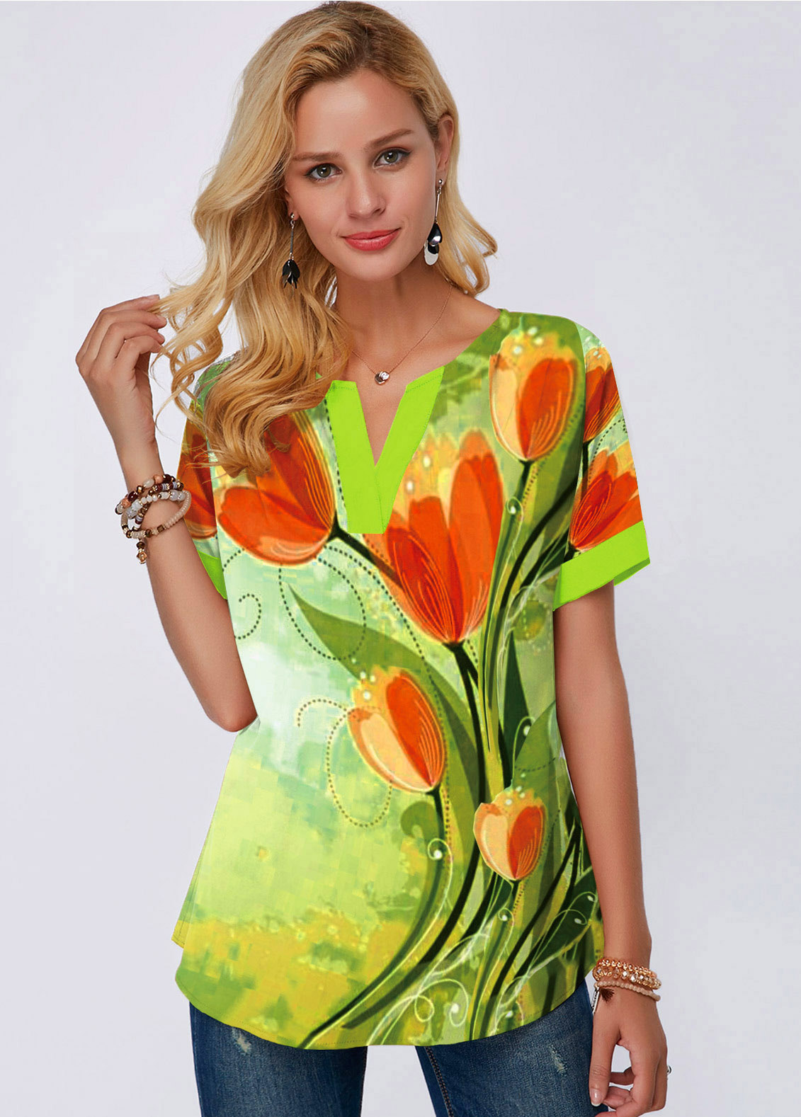 Green tops,Floral tops,ROTITA Short Sleeve Flower Print Split Neck Blouse