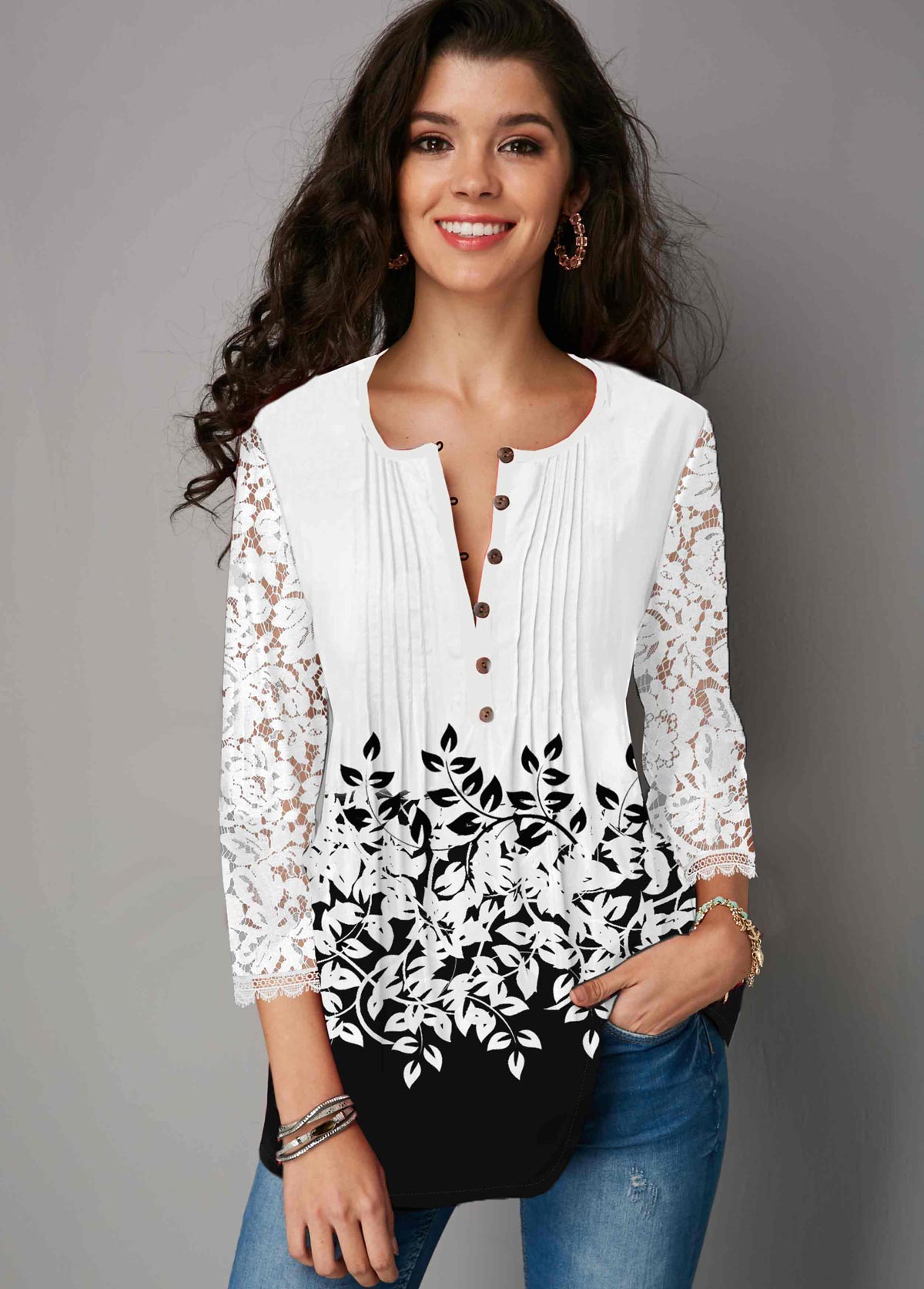 Multi Color tops,Contrast Color tops,ROTITA Button Up Color Block Lace Panel Three Quarter Sleeve Blouse