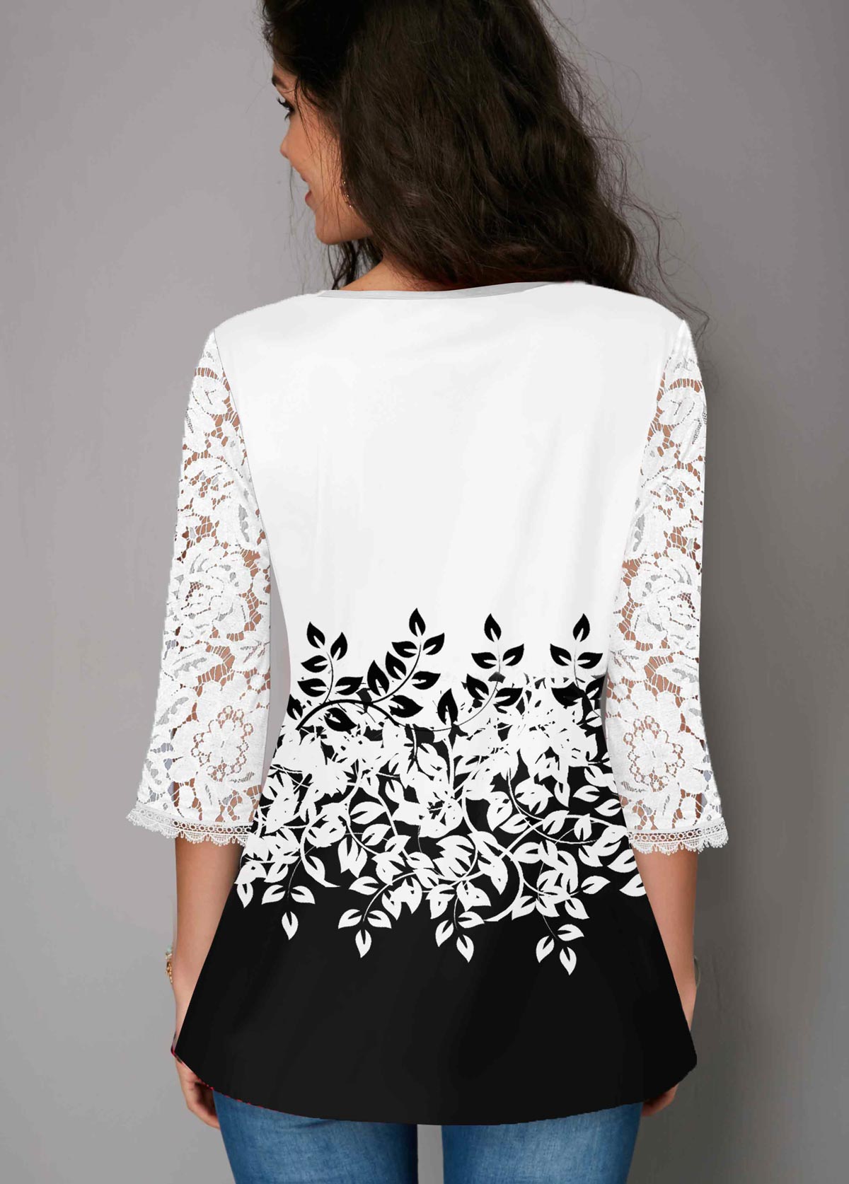 Multi Color tops,Contrast Color tops,ROTITA Button Up Color Block Lace Panel Three Quarter Sleeve Blouse