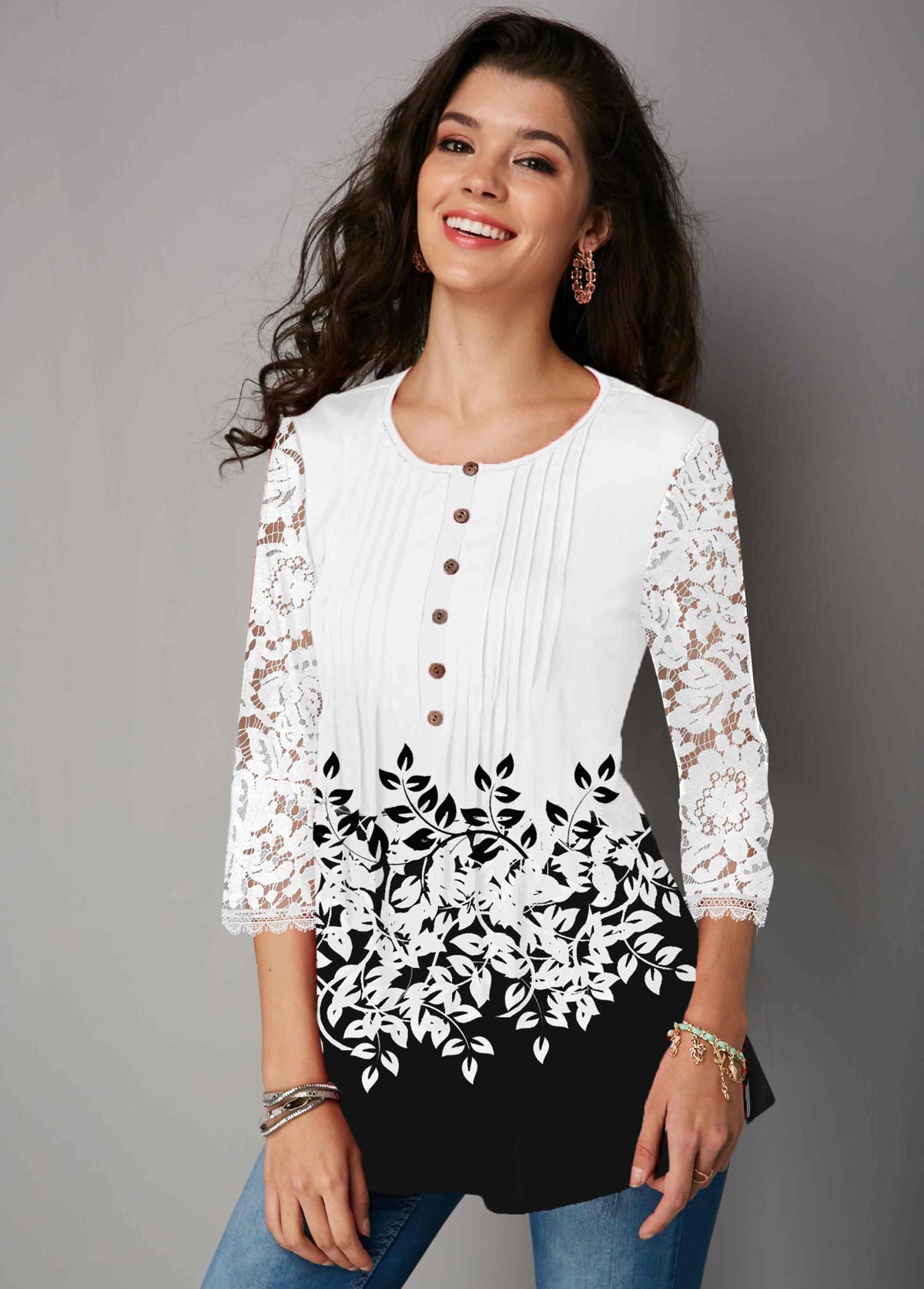 Multi Color tops,Contrast Color tops,ROTITA Button Up Color Block Lace Panel Three Quarter Sleeve Blouse